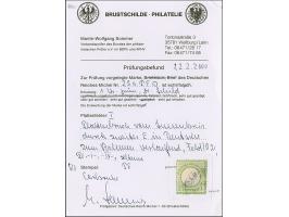 1 Kr. gelblichgrün mit Plattenfehler “Plattenbruch vom Innenkreis durch zweites E von DEUTSCHE zum Rahmen verlaufend” (Feld 1