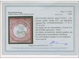 3 Kr. karmin mit Plattenfehler “zweites E in DEUTSCHE gebrochen” (Feld 4), mit badischen Agentur EKr. “UNTEREGGINGEN 2.9.74” 