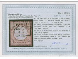 9 Kr. rotbraun mit Plattenfehler “Kerbe im Innenkreis über dem zweiten E in KREUZER ” (Feld 99), mit Teilstempel “DRESDEN POS