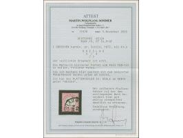 1 Gr. karmin im kleinen Format L15 mit Plattenfehler “Beule am Kreis unter REICHS” (Feld 150) und Prägefehler rechts unten am