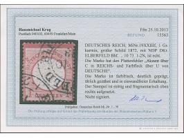 1 Gr. karmin mit Plattenfehler “Akzent über C in REICHS, Farbflecke über U in DEUTSCHE und I in REICHS, Farbpunkt rechts nebe