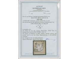 18 Kr. ockerbraun mit Plattenfehler “heller Fleck im Rahmen links vom D in DEUTSCHE” (Feld 112), mit klarem EKr. "(FRANKFURT)