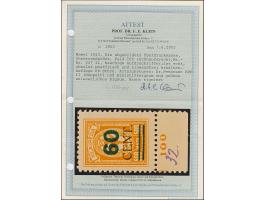 1923, Grünaufdruck 60 Cent., Aufdrucktype II “dicke Ziffern”, Unterrandstück Feld 100, postfrisch, tadellos, eine in dieser E