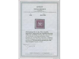 1873, 70 Kr. braunlila, Bogenfeld 4, farbfrisch, allseits breitrandig geschnitten, dreiseitig mit Trennungslinien, sauber ung