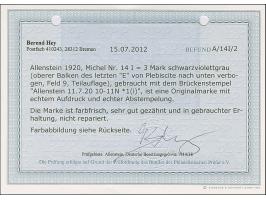 1920, Aufdruckausgabe Germania 3 Mark mit Aufdruckfehler “oberer Balken des letzten E von Plebiscte nach unten verbogen”, sau