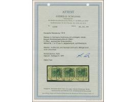 1919, Aufdrucktype I: Germania 5 Pfennig schwärzlichbläulichgrün, senkrechter Dreierstreifen, farbfrisch und gut gezähnt, sau