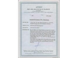 1 L. auf 10 St. mit nach rechts unten verschobenem Aufdruck in Type II im Randviererblock. Die oberen beiden Marken sind ohne