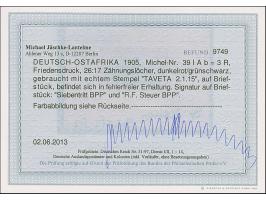 1908, Friedensdruck 3 R. dunkelrot/grünschwarz mit Stempel “TAVETA DOA 2.1.15” auf Briefstück in einwandfreier Erhaltung, sig