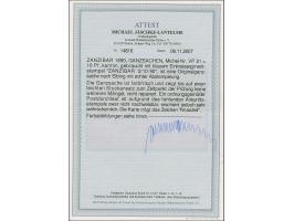 1890, Ganzsachenkarte Krone/Adler 10 Pfg. mit blauem Stempel “ZANZIBAR KDPAG 2.10.90” als Entwerter und 2. Abschlag unten sow