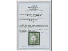 1 Kr. dunkelgrünlicholiv mit Zähnungsbesonderheit “ausgefallenes Zähnungsloch rechts in der 4. Position” (FZL r4), klar mit E