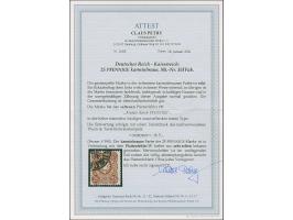 25 Pfge karminbraun mit Plattenfehler “Kratzer durch PFENNIGE”, besonders farbfrische Marke, sauber gestempelt und bis auf ei