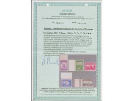 1942, Serbische Klöster 0,50 und 1,50 Dinar sowie 3-7 Dinar mit hellrotbraunem Netzüberdruck "Schlingen". Es handelt sich mög