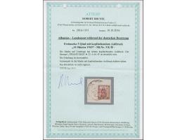 1943, 3 Qind schwärzlichgelbbraun, linkes Seitenrandstück mit kopfstehendem Aufdruck, sauber mit Stempel “TIRANE DEGE 22-.5.4