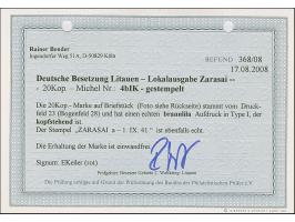 1941, 20 Kopeken dunkelgraugrün, mit braunrotem, kopfstehenden Aufdruck, sauber mit Stempel “ZARASAI 1.IX.41” auf Briefstück,