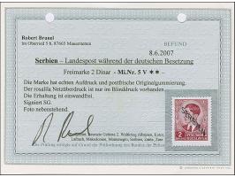 1941, 2 Dinar lilakarmin, mit Aufdruck “SERBIEN” und der Netzunterdruck nur im Blinddruck, postfrisch, tadellos. Eine erstaun