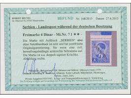 1941, 4 Dinar violettultramarin, ohne Netzüberdruck, Oberrandstück, postfrisch, kleine herstellungsbedingte Schramme, tadello