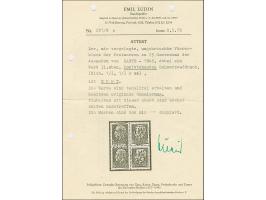 1943, 25 &nbsp;Centesimi schwarzgrün, Viererblock, die linke obere Marke mit kopfstehendem Aufdruck, die drei weiteren mit no