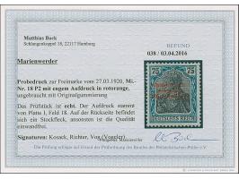 1920, 75 Pfennig mit rotem Probeaufdruck in engem Zeilenabstand, sauber ungebraucht, winziger Stockpunkt, sonst tadellos, ein
