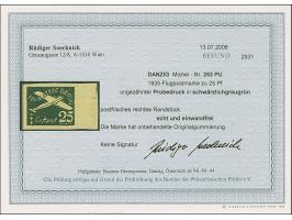 1935, Flugpost 25 Pfennig schwärzlichgraugrün, ungezähnter Probedruck mit rechtem Seitenrand, postfrisch, tadellos. Eine sehr