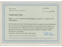 1 Kr. auf olivgrau im 4er-Block, unten links winzig berührt, sonst voll- bis breitrandig und farbfrisch, ungebraucht mit Orig