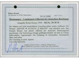 1944, Rotes Kreuz 0,15+0,85 auf 25&nbsp;Centesimi&nbsp;– 0,50+2 auf 2 Lire, sauber mit Stempel “BERANE 24.VIII.44” auf Blanko