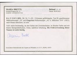 9 Kr. maigrün, farbfrisch und voll- bis meist breitrandig, mit klar aufgesetztem gMR "16" und nebengesetztem Fingerhutstempel