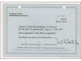 1931, 10 rubel on 50 kopeks, left marginal single, imperforated at left, used with clear cds. “RIGA 14.5.21”, fine, certifica
