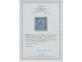 1864, 3 Gr. auf blaugrau mit bogenförmigem Durchstich 16, Type II auf waagerecht gestreiftem Papier, ungebraucht ohne Gummier