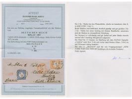 2 Kr. orange mit Plattenfehler “Kerbe im Innenkreis über K in KREUZER” (Feld 31) und 7 Kr. grauultramarin je mit klarem EKr. 