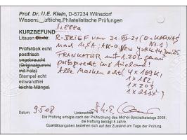 1922, New Currency surcharge 15 centu on 4 auksinas, block of four with bottom sheet margin, inverted surcharge, together wit