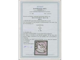 ¼ Gr. grauviolett mit klarem DKr. “LEIPZIG 1.JAN.72” vom ERSTTAG. Die farbfrische Marke ist deutlich geprägt mit oben zum Tei