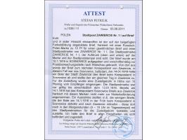 1916, Ansichten 10 Pfennig, Kontrolleindruck in dunkelrotlila, als Zustellgebühr, sauber mit Stadtpoststempel “ZAWIERCE 14.1.