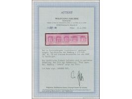 1½ Sch. rosakarmin im waagerechten 5er-Streifen, farbfrisch und einwandfrei durchstochen, mit äußerst seltener Entwertung dur