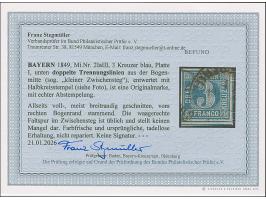 3 Kreuzer blau, farbfrisch und voll- bis meist breitrandig, unten mit doppelter Trennungslinie, leicht entwertet durch Halbkr