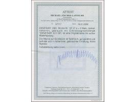 2 M. dunkelrotkarmin, farbfrisch und gut gezähnt mit zentrisch klarem "ZANZIBAR 9/II 90" auf Leinen-Briefstück. Ein besonders