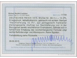 Deutsches Reich Germania 10 Pfennig. lebhaftrotkarmin, mit violettem L1 „Nachlieferung 10 Pfg.“ rückseitig auf Zeitungssache 