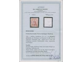 1 Sch. braun, voll- bis breitrandig mit leicht und sauber aufgesetztem Ortsstempel. Kleine Einschränkungen. Fotoattest Dr. Mo