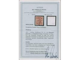 1 Sch. braun, voll- bis breitrandig mit Doppelentwertung durch Ortsstempel und Hamburger Ovalstempel. Im Unterrandd kleinne A