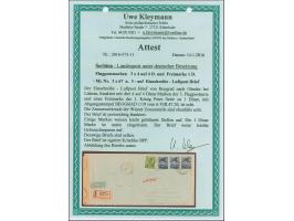 1942, Flugpost 4 auf 4 Dinar, waagerechter Dreierstreifen mit Zufrankatur mit Stempel “BEOGRAD -6.VIII.42” auf großformatigem