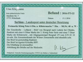 1941, König Peter II. 6 Dinar, zusammen mit Klöster 7 Dinar, sauber mit Stempel “BEOGRAD -4.IV.42” auf zensiertem Luftpost-R-