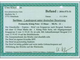 1941, 12 Dinar mit Stempel “KRAGUJEVAC 11.VI.42” auf Eil-R-Brief nach Beograd mit Zensurstreifen links, einmal senkrecht gefa