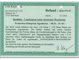 PANTSCHOWA-PROVISORIUM: Handstempelaufdruck “POST PANTSCHOWA” auf Jugoslawien Tuberkulosebekämpfung 1 Dinar, mit Stempel “PAN