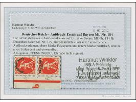 1920, Bayern-Abschied, 50 Pfennig, Aufdruck-Essay, senkrechtes Seitenrandpaar mit Druckerzeichen “b”, mit zwei verschiedenen 