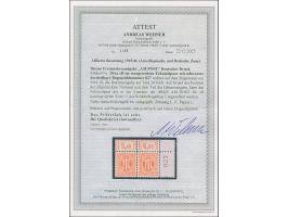 1945, Deutscher Druck, 6 Pfg., gez. 11, waagerechtes Paar aus der rechten oberen Bogenecke mit schwarzer, dreistelliger Bogen