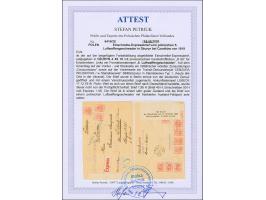 1919, Coat of arms 15 f. red, horizontal strip of five, of three, two horizontal pairs and single, tied by cds. “DZURYN 4 XII