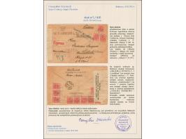 1919, Coat of arms 15 f. red, horizontal strip of five, of three, two horizontal pairs and single, tied by cds. “DZURYN 4 XII