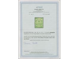 1861,⅓ Gr. moosgrün, farbfrisch und allseits voll- bis breitrandig geschnitten, ungebraucht mit Originalgummierung und in tad