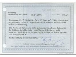1917, Germania 15 Bani auf 15 Pfennig schwärzlichviolett, postfrisch, tadellos, sign. Dr. Hochstädter BPP sowie Befund Hey BP