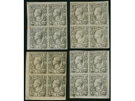 ½ Ngr. auf mattgrau, Eckrandviererblocks aus allen 4 Ecken des Druckbogens, mit breiten Bogenrändern, 3 Stück mit kpl. Eckwin