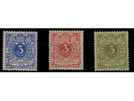 1890, Krone/Adler 3 Pfg. als Netzaufdruckprobe rosa auf dunkelblau, graublau auf karmin und grün auf graubraun, ungebraucht, 